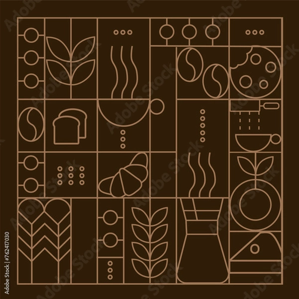 Fototapeta Hand drawn illustration of Bakery and Coffee. Icons. Abstract geometric line background. Gold luxury. Pattern for cover design, food package, menu, background, café wall, coffee shop, web banner
