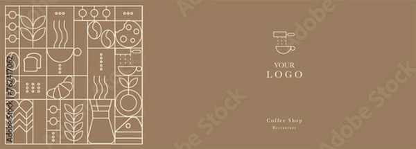 Fototapeta Web banner. Hand drawn illustration of Bakery and Coffee. Icons. Bread, bakery products,  dish, food processor, wheat. Abstract geometric line background. Gold luxury