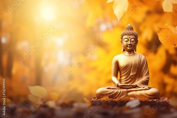 Fototapeta Makha Asanaha Visakha Bucha Day Golden Buddha image. Background of Bodhi leaves with shining light. Soft image and smooth focus style and copy space - generative ai