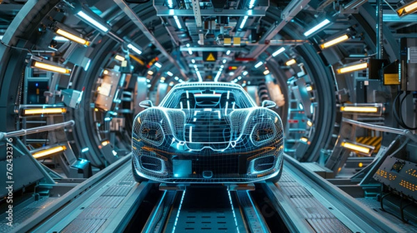 Fototapeta Holographic projection of a sports car in a futuristic design facility with high-tech machinery and digital displays.
