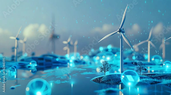 Fototapeta concept idea eco power energy. wind turbine on hill with sunset