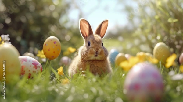 Obraz Sunny Spring Day, Close-Up of Easter Bunny with Colorful Eggs in Grass