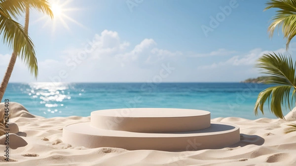 Fototapeta Product display platform, coconut trees on the beach