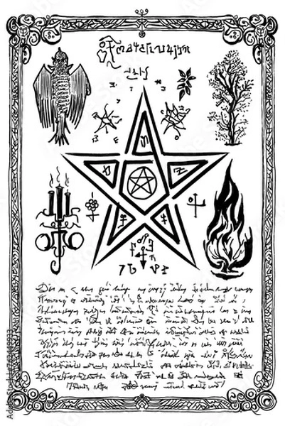 Obraz Witchcraft Old Book Page with Magic Spells in Transparent backgrounds 