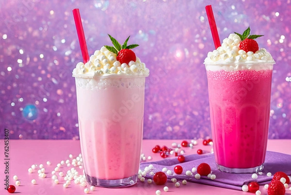 Obraz Colorful and joyful scene featuring a sweet pink bubble tea with whipped cream and tapioca pearls.