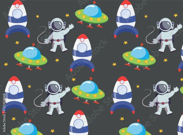 Fototapeta Vector pattern of Spaceships in space and an astronaut. Space Exploration Day.