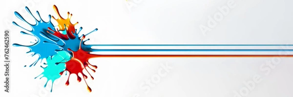 Fototapeta Splashes of multi-colored paint flying in different directions. Long lines for signature. Banner on a white background with space for text