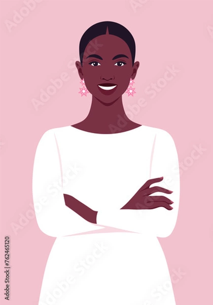 Fototapeta Portrait of a curve African woman with crossed arms. Office professions. Vector flat illustration