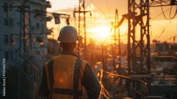 Fototapeta An Electrical Engineer Standing And Watching At A Power Plant.
