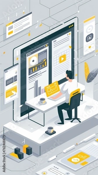 Fototapeta Isometric Vector Illustration Process Working With Big Database On Data Center System. Data Analysis Technology Concept. 
