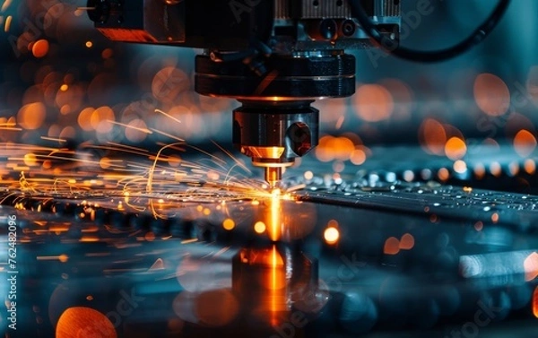Fototapeta An extreme close-up of a CNC machine cutting metal, emphasizing the technology's role in intricate manufacturing processes
