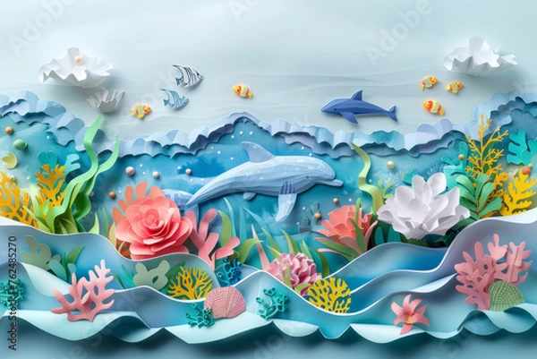 Fototapeta A tranquil ocean scene featuring a narwhal and fish among sea plants, all crafted from layered paper cutouts, in a stylized underwater setting.