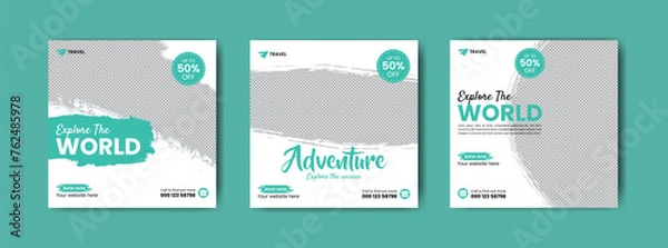 Fototapeta Set of travel sale social media post template. Holiday and tour advertisement banner design . For Web banner, flyer or poster for travelling agency business offer promotion. 