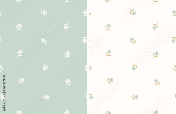 Obraz Cute Ditsy Floral Pattern. Seamless Background with Tiny Flowers. Floral Endless Prints with Hand Drawn Little Flowers Isolated on a Light Mint Blue and Off-White Background. 