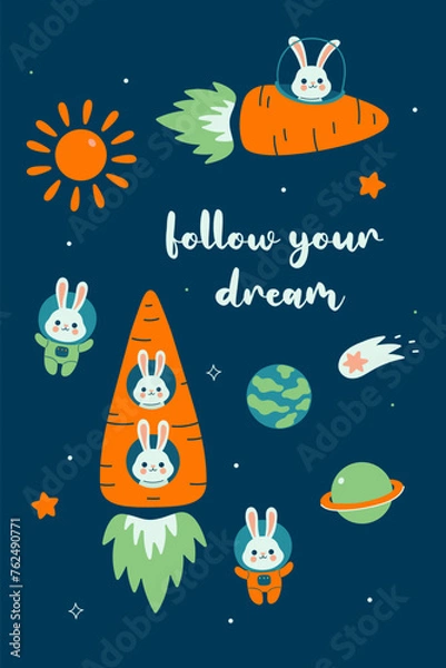Fototapeta Postcard or poster with space in carrot spaceships. Vector graphics.
