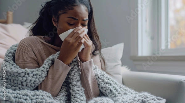 Fototapeta A person is wrapped in a knitted blanket, using a tissue.
