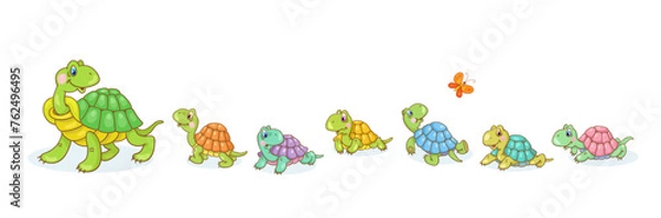 Fototapeta Mother turtle and six funny little turtles. Isolated on white background. Vector illustration