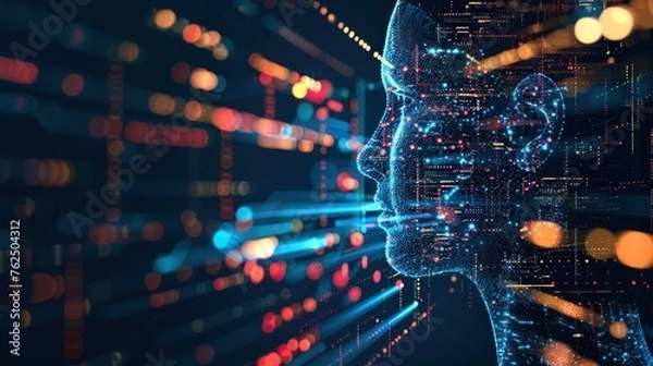 Fototapeta Urzekający obraz cybernetycznej sylwetki twarzy na tle przepływających danych i światła, symbolizujący przewagę technologii