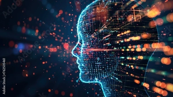 Fototapeta A striking visualization of a face made with digital data streams and red illumination