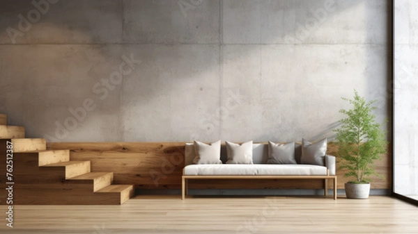 Fototapeta Modern contemporary loft empty room with sofa and nature view There are wooden stair plank wall and ceiling and blank concrete wall for copy space