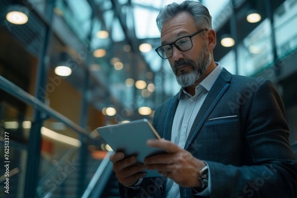 Fototapeta A businessman in a sleek suit is absorbed in exploring insurance options on a cutting-edge tablet.