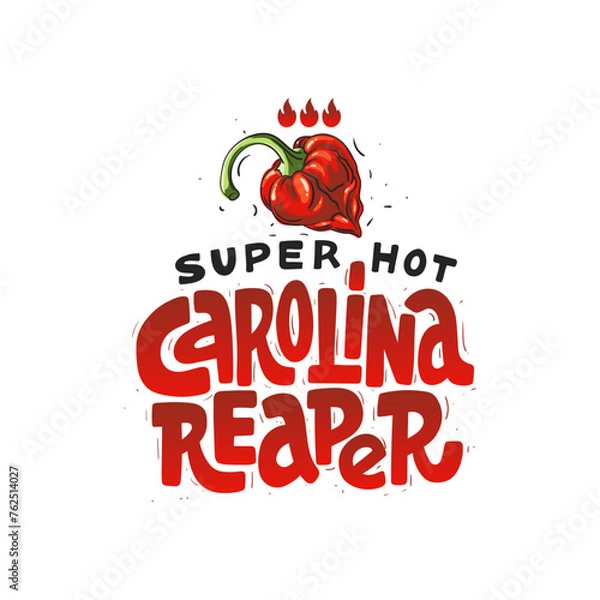 Fototapeta Spicy red chili pepper. Carolina Reaper. Text hand draw sketch style lettering. Flames sharp taste scale. Vector file