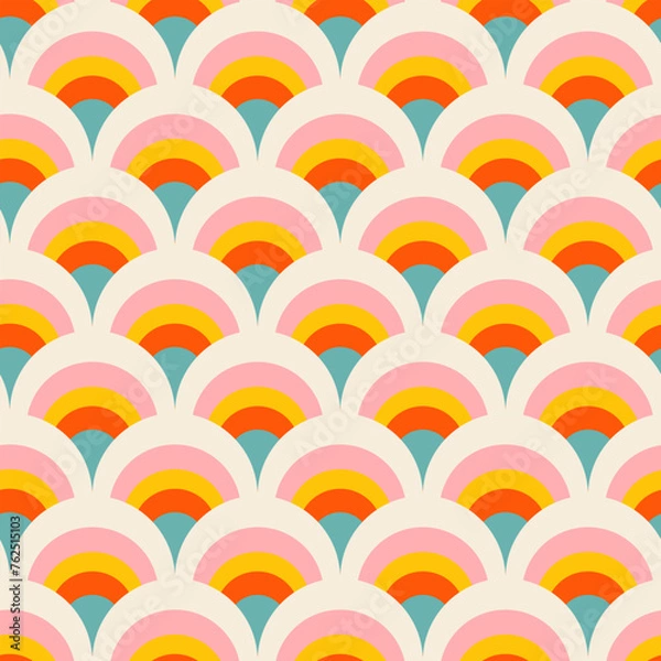 Fototapeta Arches abstract geometric seamless pattern. Colorful scallop 70s style nostalgic retro background. Classic rainbow fashion print for fabric, paper