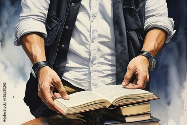 Fototapeta A man flips through a book. Concept - session, study.