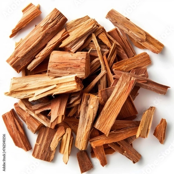 Fototapeta Pile of sandalwood chips isolated on white background. From above.