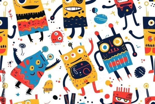 Fototapeta Abstract funny robot toys seamless pattern banner, wallpaper for kids, bright colors over white background. Wrapping paper for presents, isolated png. Baby linen, clothes and products for children