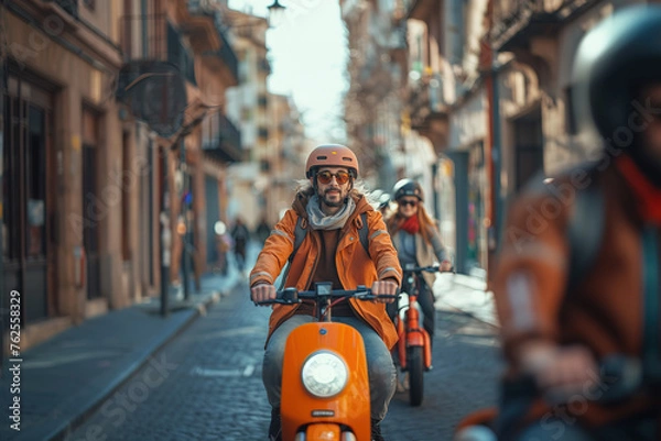 Obraz Group of friends riding electric scooters through the city. AI generative