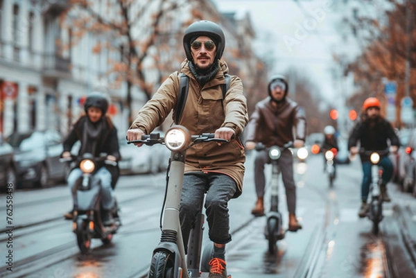 Obraz Group of friends riding electric scooters through the city. AI generative