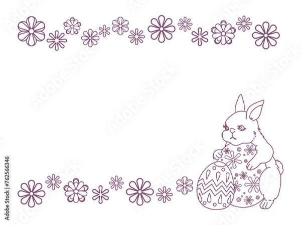 Fototapeta 並んだ花模様とイースターエッグを抱えるかわいいウサギの線画フレーム