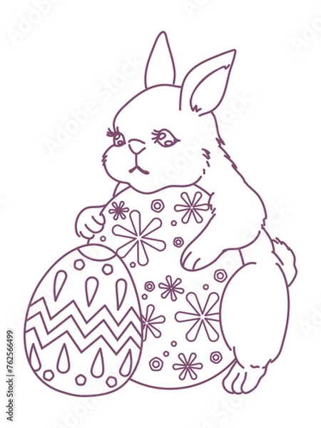 Obraz イースターエッグを抱えるかわいいウサギの線画イラスト