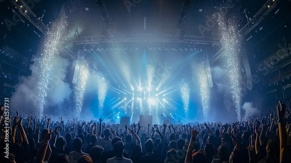 Fototapeta Exhilarating Concert Scene with a Crowd Cheering Under Bright Stage Lights and Pyrotechnics