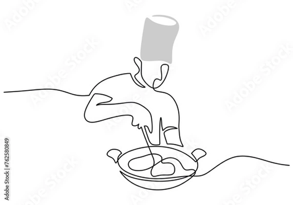 Fototapeta One continuous line drawing of chef cooking food in the kitchen.
