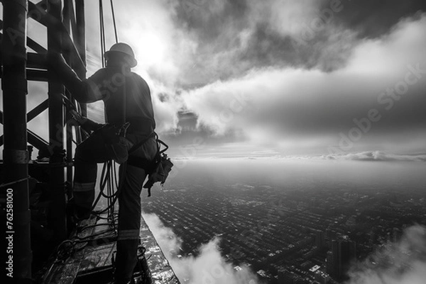 Fototapeta a man rises at a height on a construction site