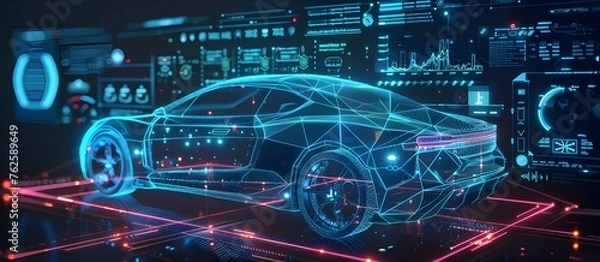 Fototapeta HUD Dashboard, car repair. Automobile user interface. Isometric 3d sport car.