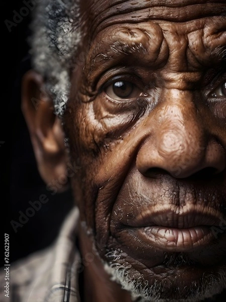 Fototapeta Portrait of an elderly black man. The eyes reflect the strength of generations. Crumpled wisdom. Black history month concept. Generative AI