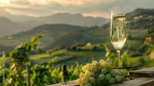 Fototapeta A glass of white wine on a wooden table against the backdrop of a large vineyard. During sunset or sunrise to enhance the warmth and atmosphere of the scene.
