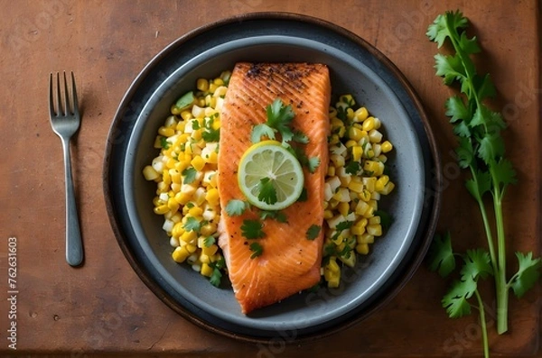 Obraz Pan-Seared Salmon with Roasted Asparagus and Corn