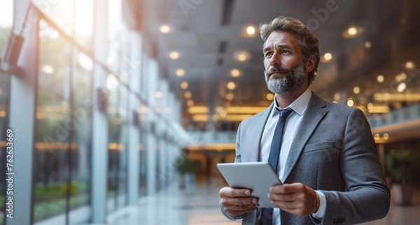 Fototapeta Man entrepreneur stands in modern office with tablet in hands. Bearded manager uses digital tool to stay connected and make informed decisions