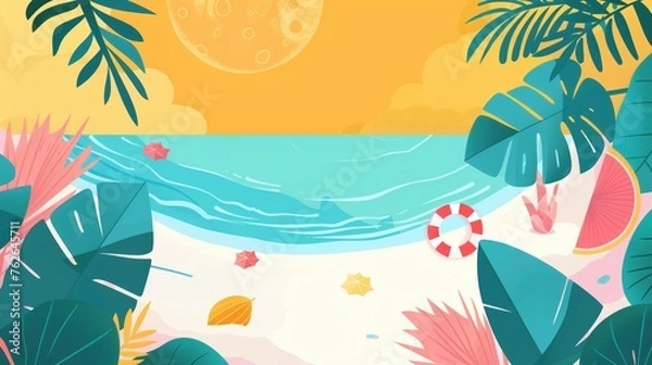 Fototapeta Top view beach background with umbrellas, balls, and swim.