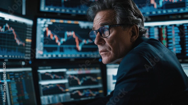 Fototapeta Stock trading investor, trader or broker analyst working analysing exchange market using computer investing money in financial market analyzing charts data looking at computer screen.