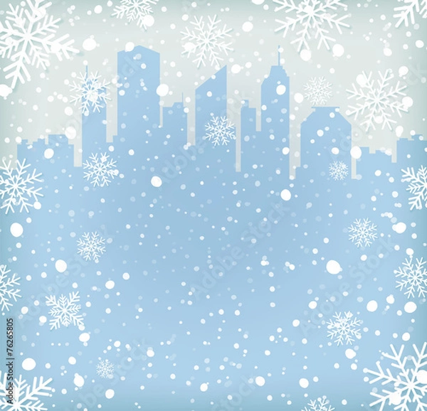 Obraz Background with snow flakes and city silhouette