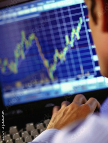 Obraz Stock trading investor, trader or broker analyst working analysing exchange market using computer investing money in financial market analyzing charts data looking at computer screen.