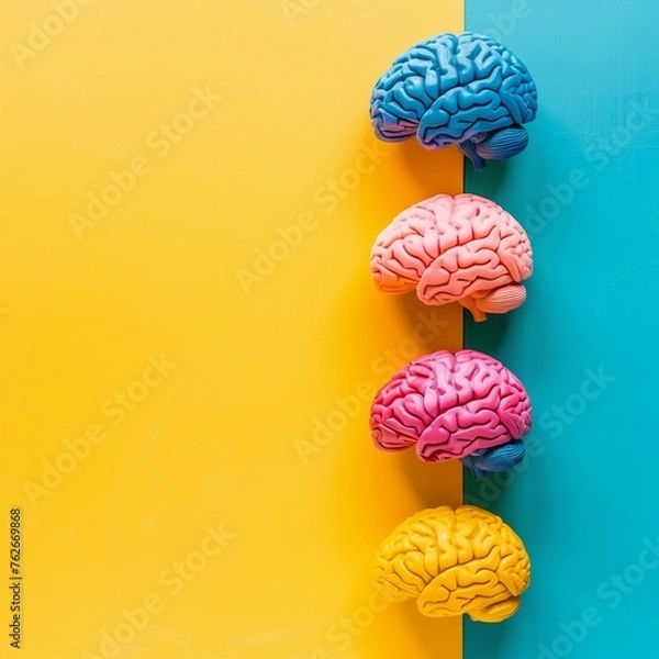 Fototapeta Six colorful brain models aligned on a split yellow and blue background, symbolizing neurodiversity