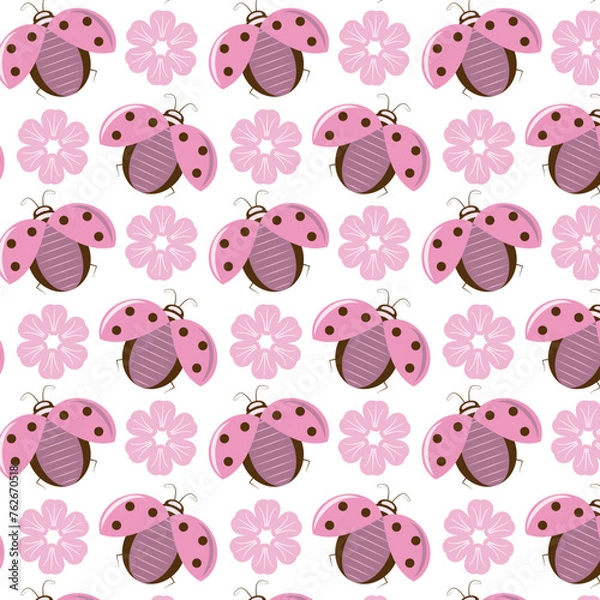 Obraz Pink lady bug with pink flowers seamless pattern vector illustartion