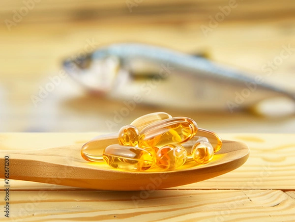 Obraz A vibrant wooden spoon filled with fish oil capsules, set against the backdrop of a fish, visually highlighting the source and benefits of the supplement.
