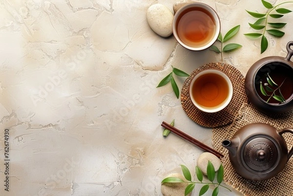 Fototapeta White background with teapot and tea cups, green leaves on beige stone board. Top view flat lay banner for healthy drink concept with copy space